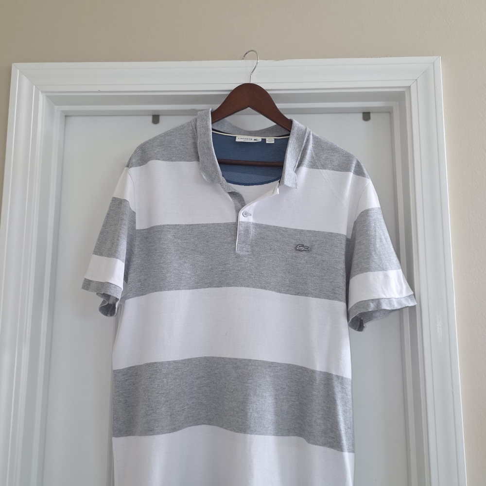 Lacoste Gray and White Polo Shirt with Modern Stripes